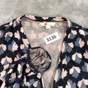Boden Wrap Dress Women Size 6 Navy Pink Ginkgo Leaf Print Long Sleeve V-Neck
